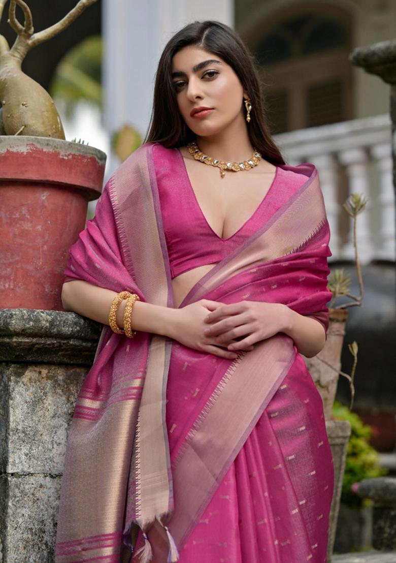 Pink Weaving Work Silk Saree Set - Indya