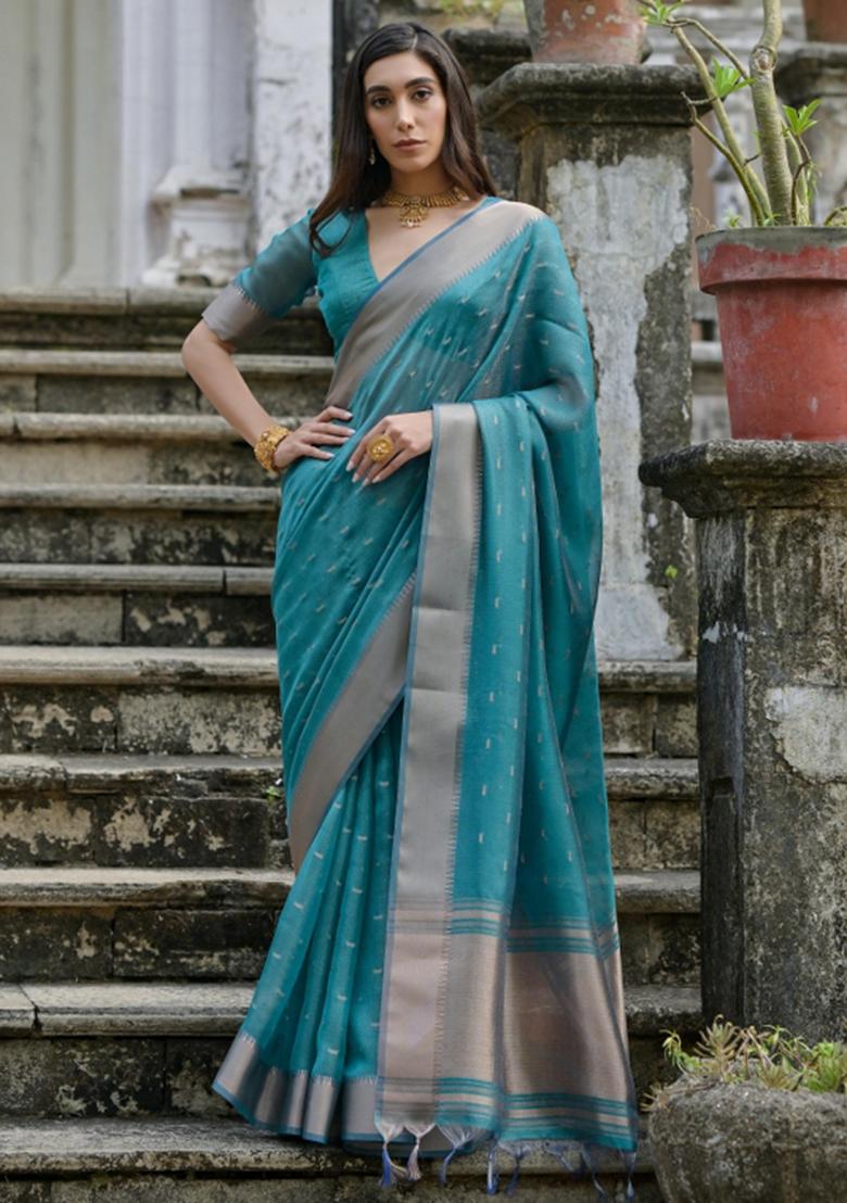 Rama Weaving Work Silk Saree Set - Indya