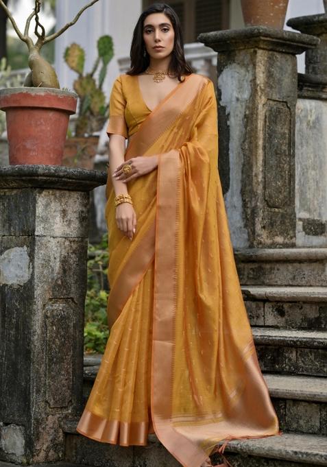 Yellow Weaving Work Silk Saree Set