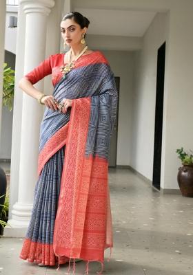 Multicolor Printed Silk Saree Set