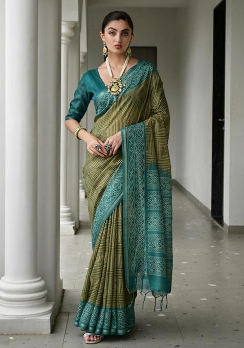 Multicolor Printed Silk Saree Set