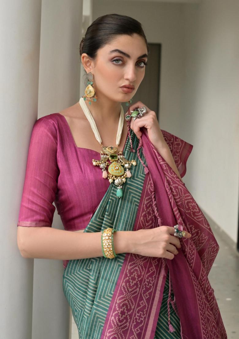 Multicolor Printed Silk Saree Set - Indya