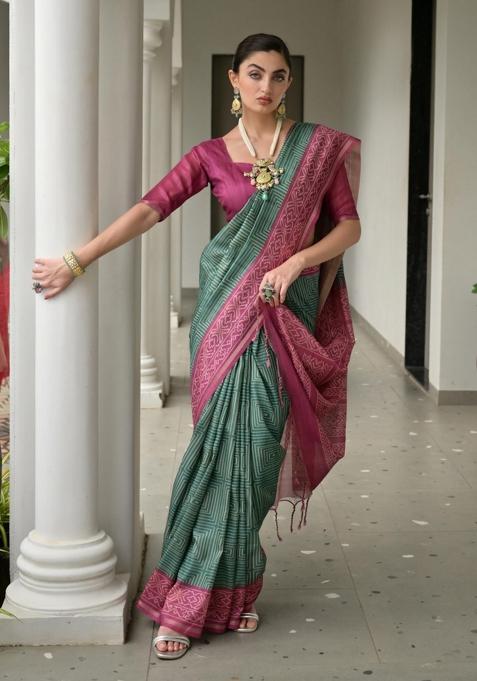 Multicolor Printed Silk Saree Set