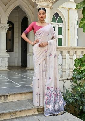 Off-White And Pink Weaving Work Silk Saree Set