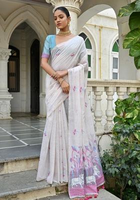 Off-White And Blue Weaving Work Silk Saree Set