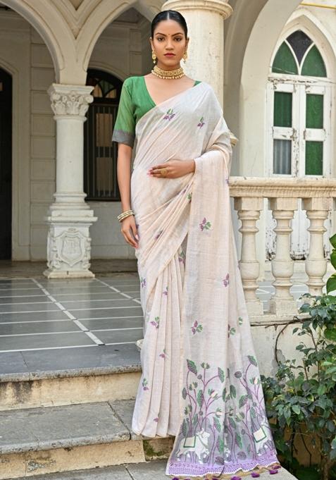 Off-White And Green Weaving Work Silk Saree Set