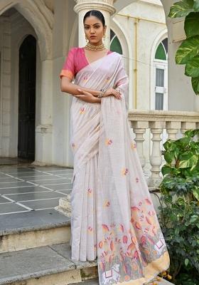 Off-White And Pink Weaving Work Silk Saree Set
