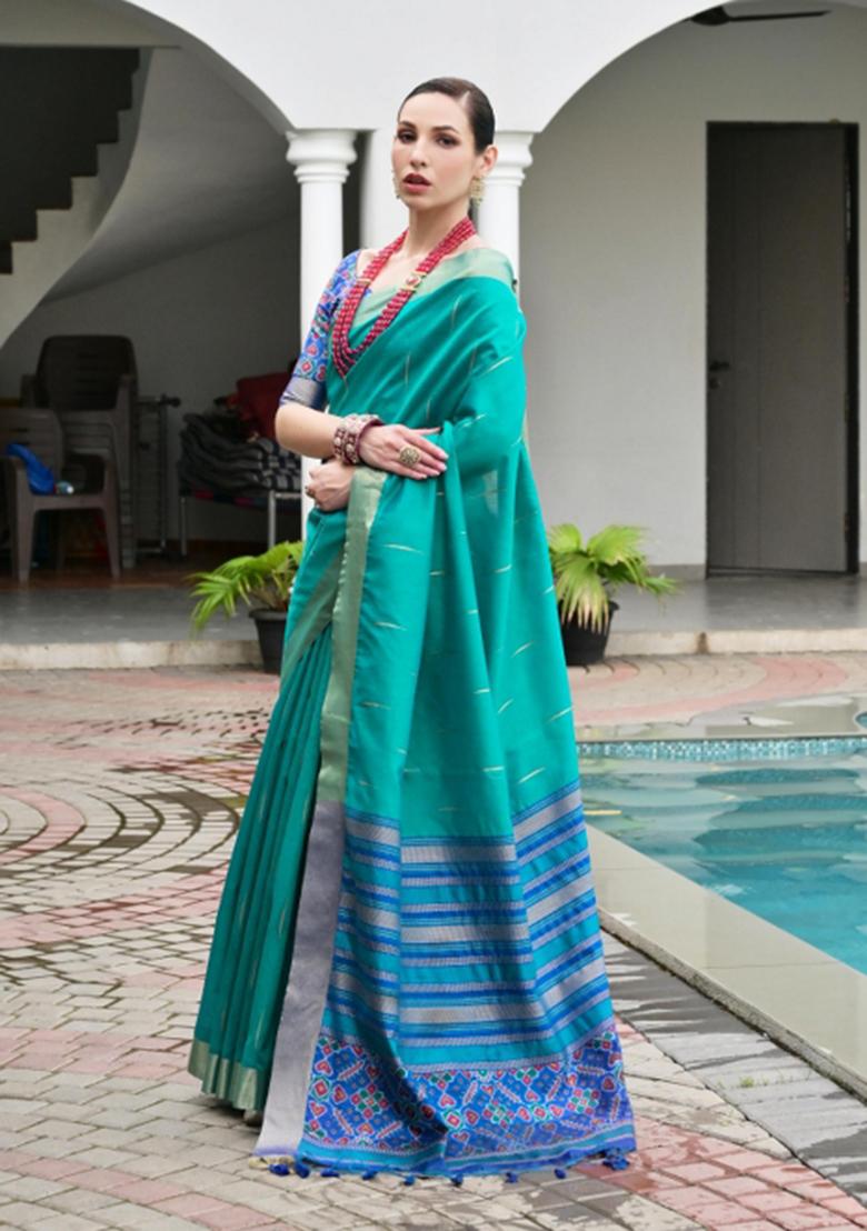 Aqua Blue Weaving Work Silk Saree Set - Indya