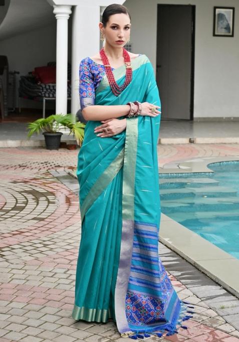 Aqua Blue Weaving Work Silk Saree Set