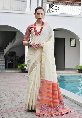 Cream And Red Weaving Work Silk Saree Set