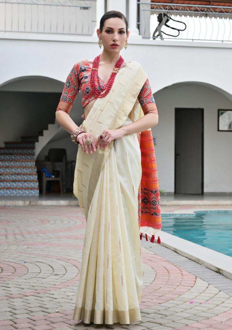 Cream And Red Weaving Work Silk Saree Set - Indya