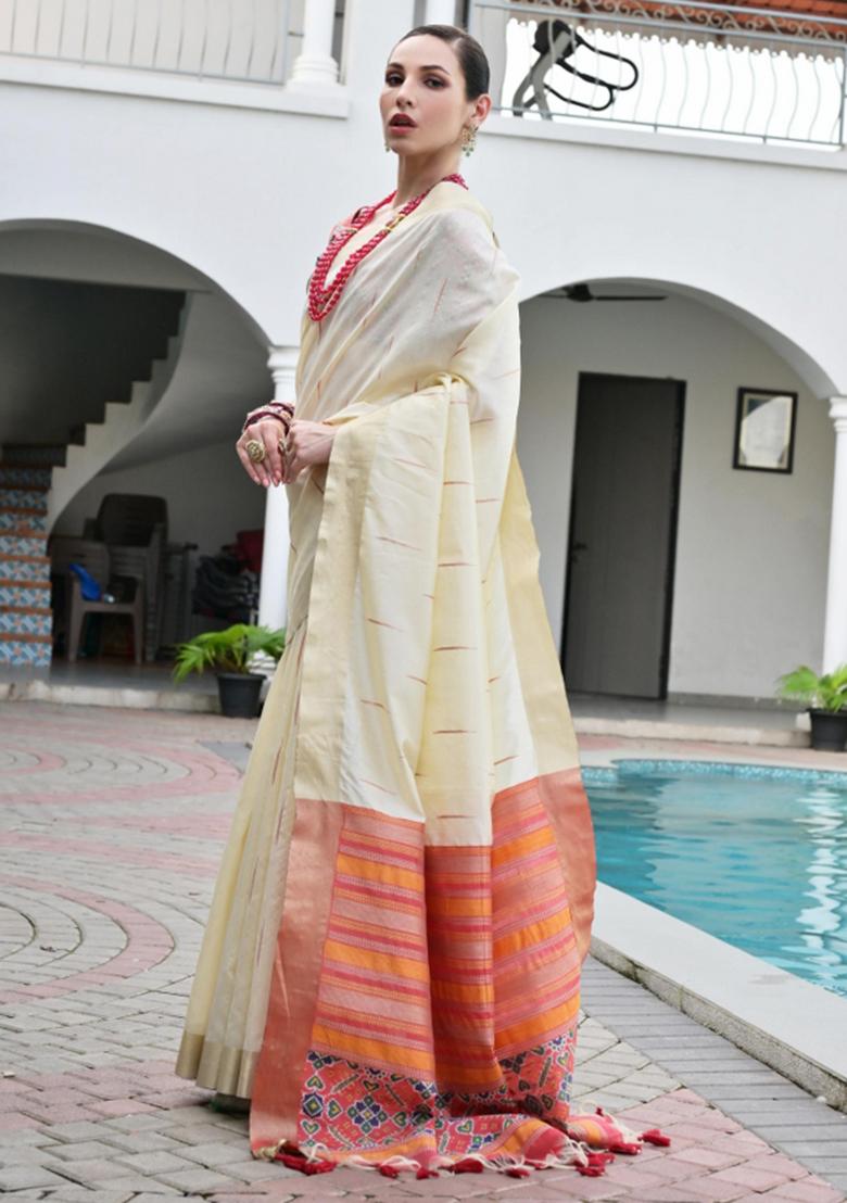 Cream And Red Weaving Work Silk Saree Set - Indya