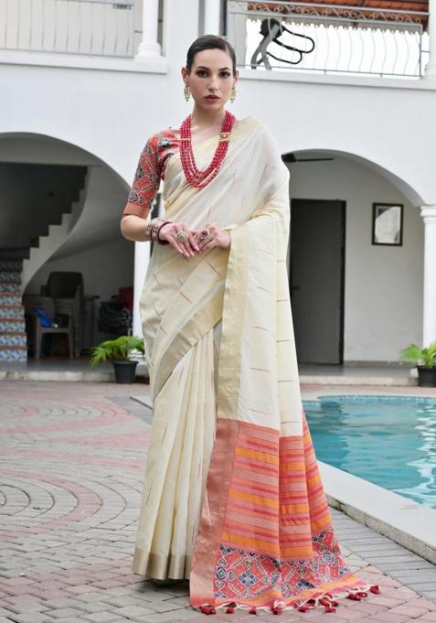 Cream And Red Weaving Work Silk Saree Set