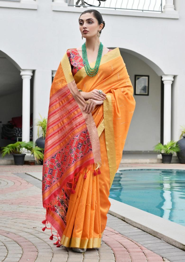 Orange And Red Weaving Work Silk Saree Set - Indya