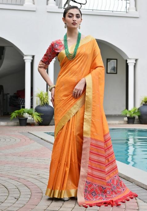 Orange And Red Weaving Work Silk Saree Set