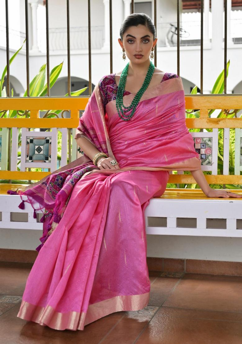 Pink Purple Weaving Work Silk Saree Set - Indya