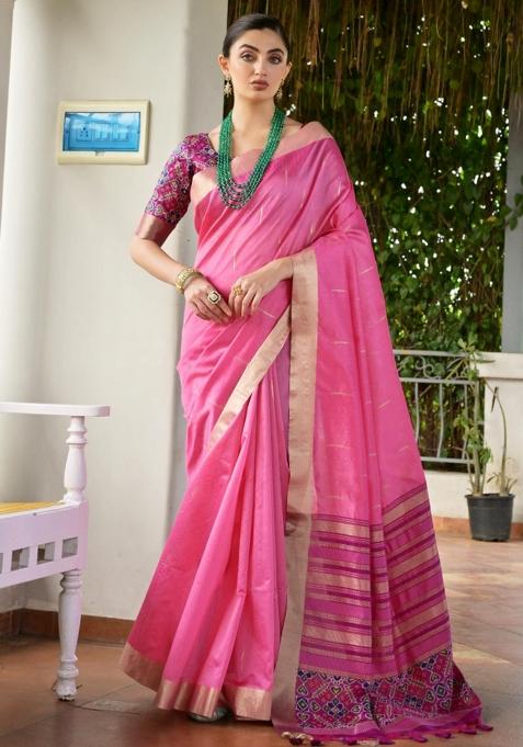 Pink Purple Weaving Work Silk Saree Set