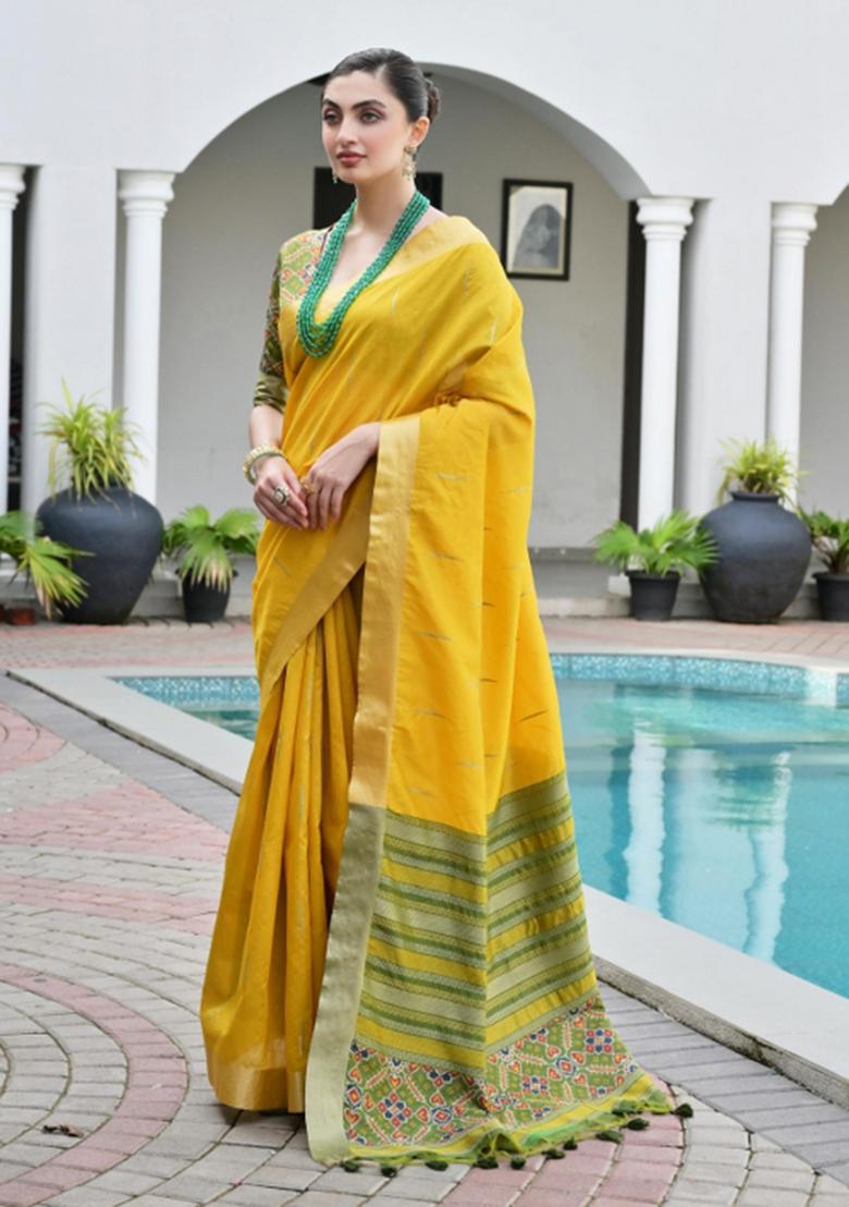 Yellow And Olive Green Weaving Work Silk Saree Set - Indya