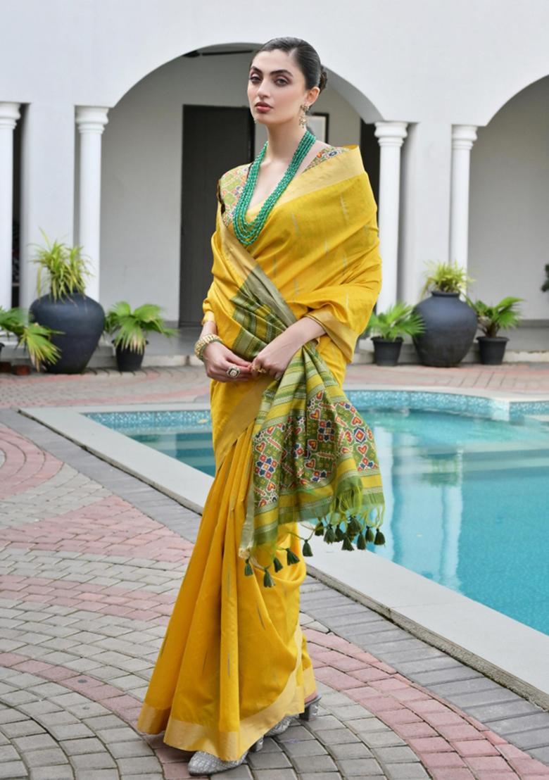Yellow And Olive Green Weaving Work Silk Saree Set - Indya