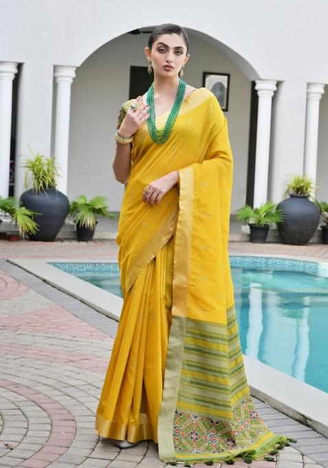 Yellow And Olive Green Weaving Work Silk Saree Set