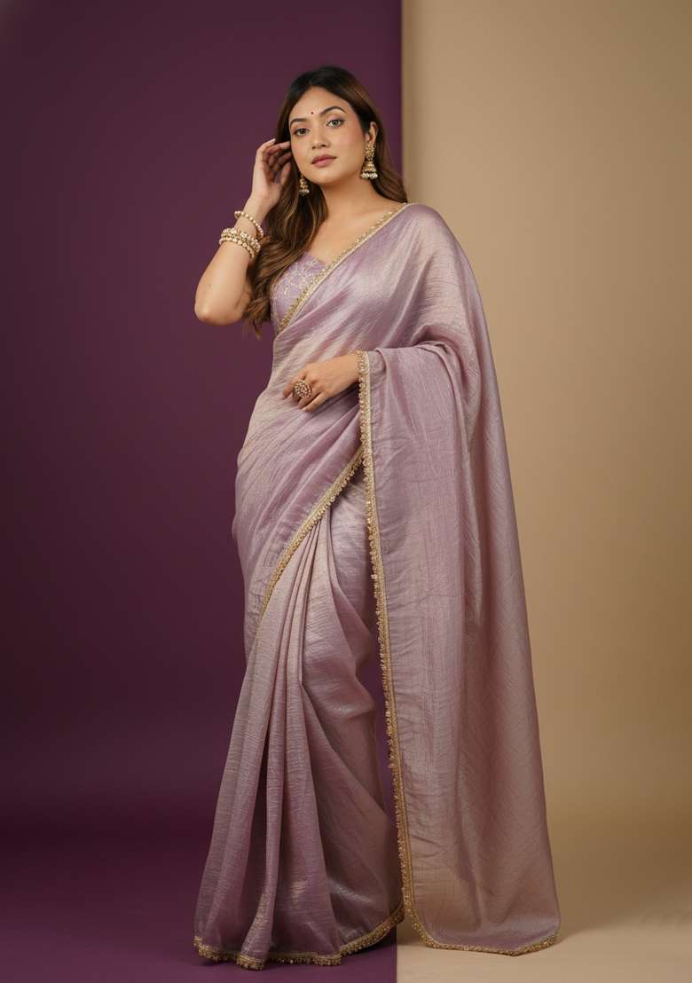 Light Dusty Mauve Motif Silk Blend Saree Set - Indya