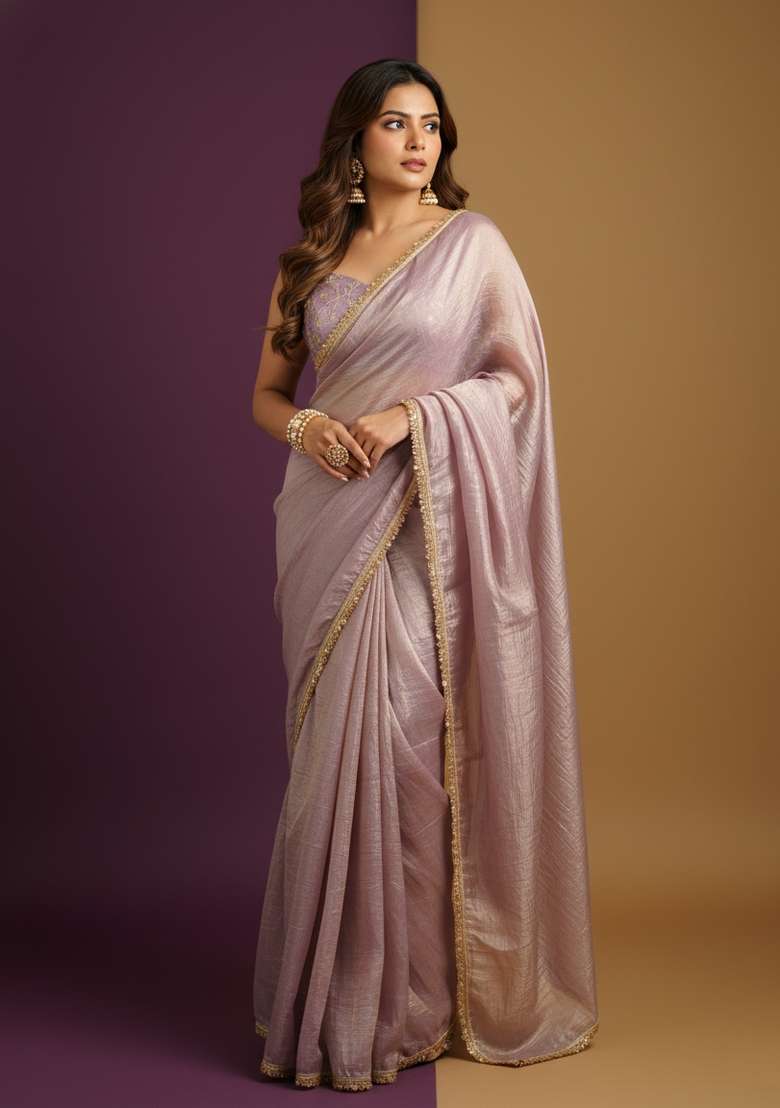 Light Dusty Mauve Motif Silk Blend Saree Set - Indya