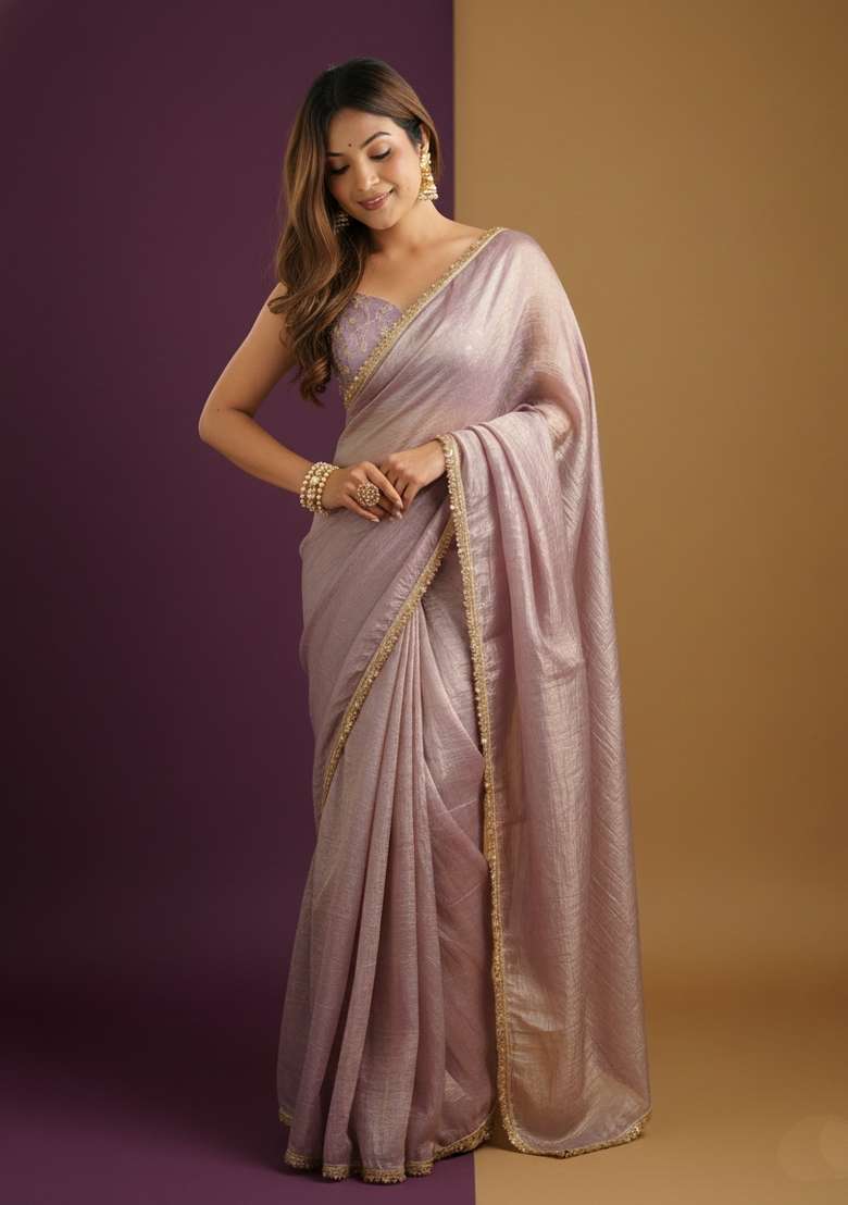 Light Dusty Mauve Motif Silk Blend Saree Set - Indya