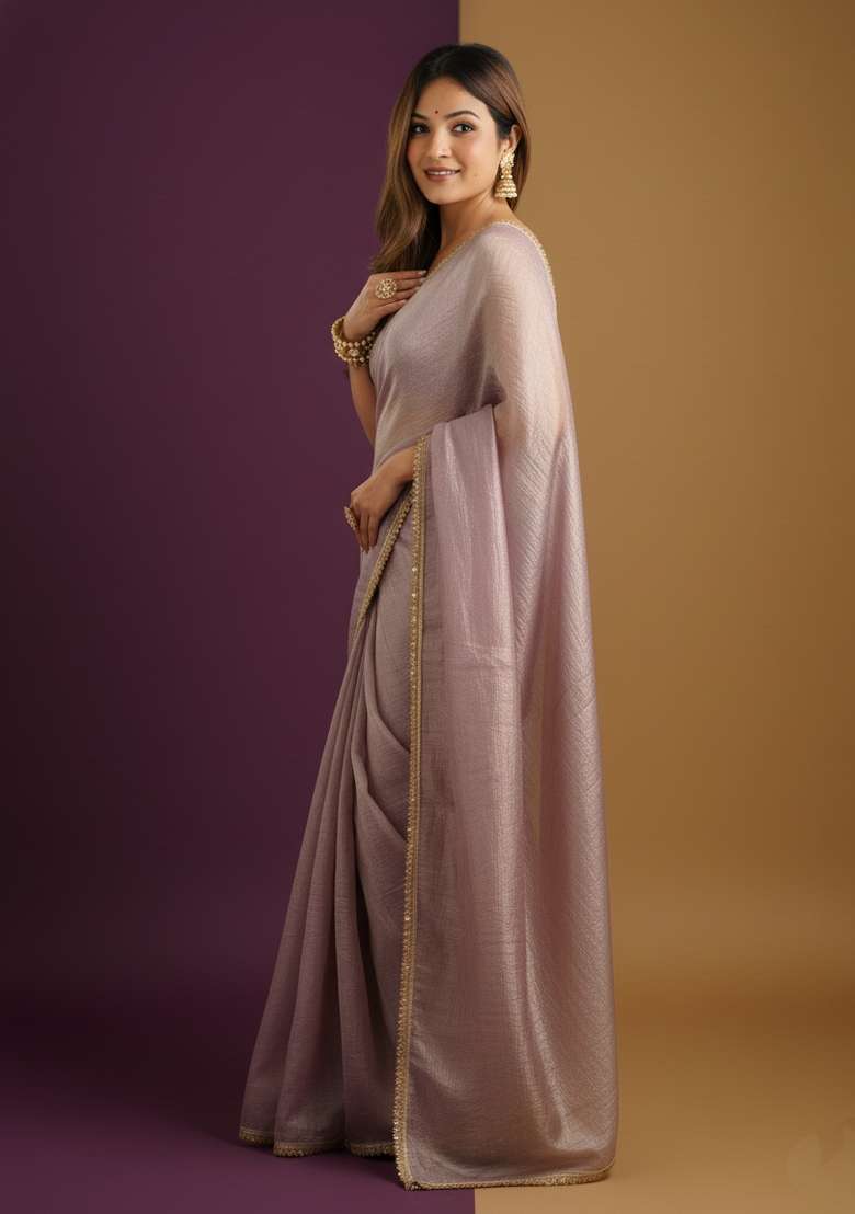 Light Dusty Mauve Motif Silk Blend Saree Set - Indya