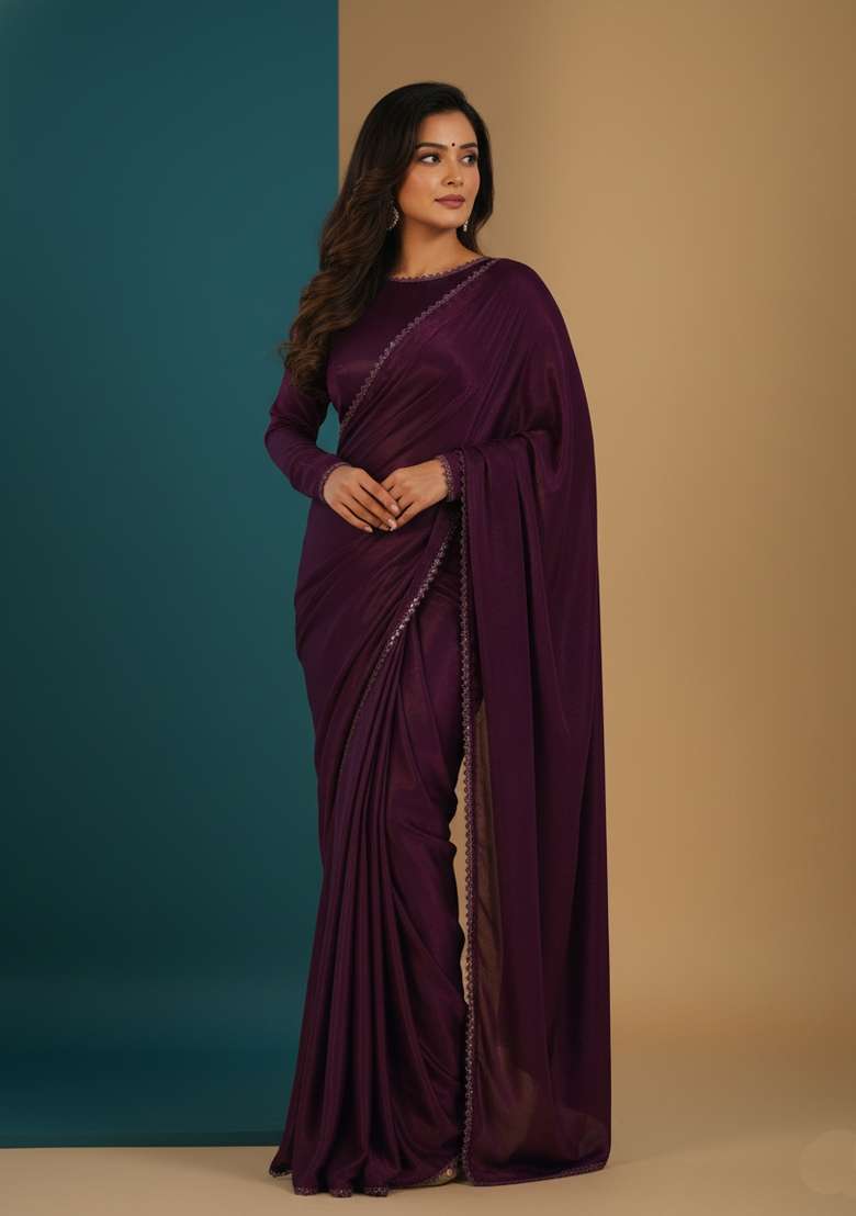 Purple Motif Velvet Saree Set - Indya