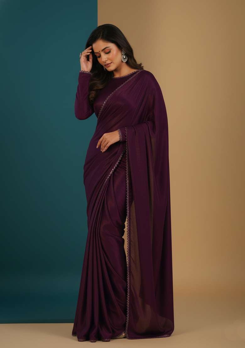 Purple Motif Velvet Saree Set - Indya