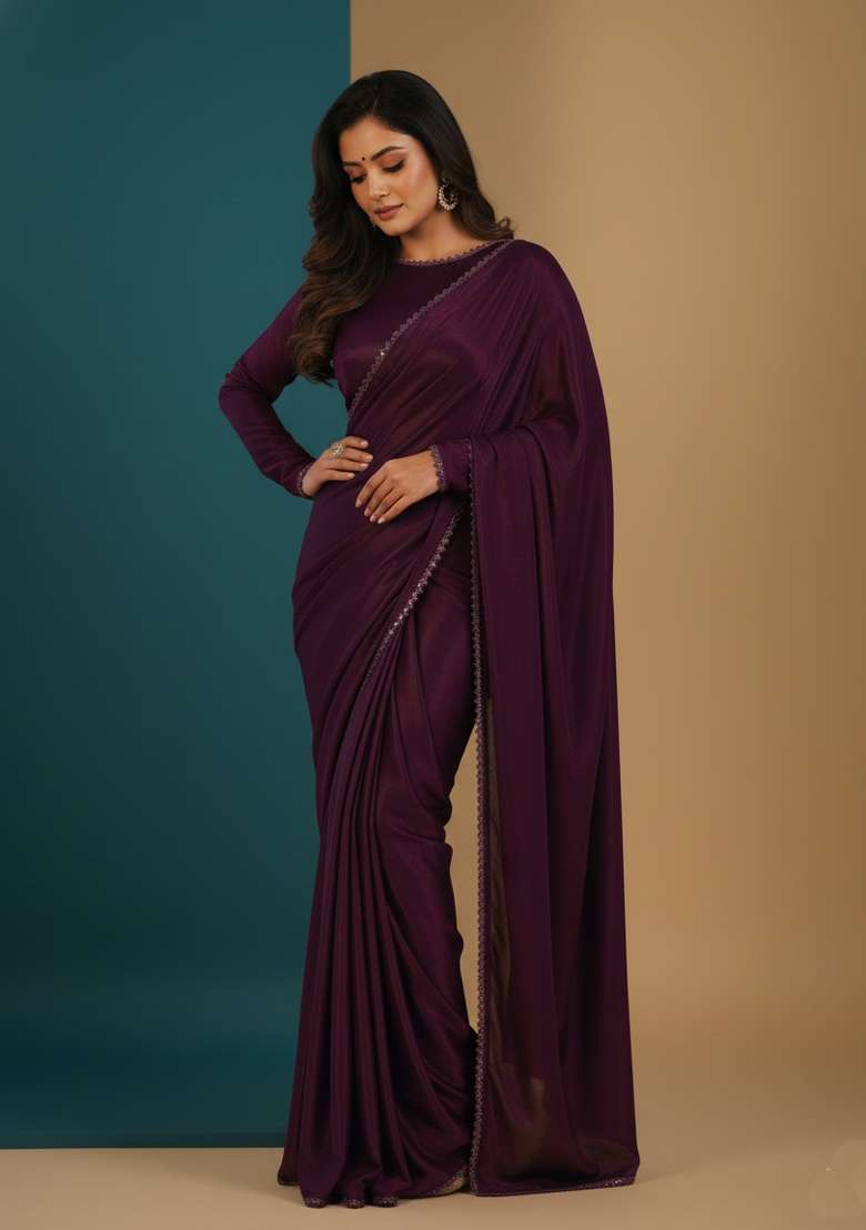 Purple Motif Velvet Saree Set - Indya