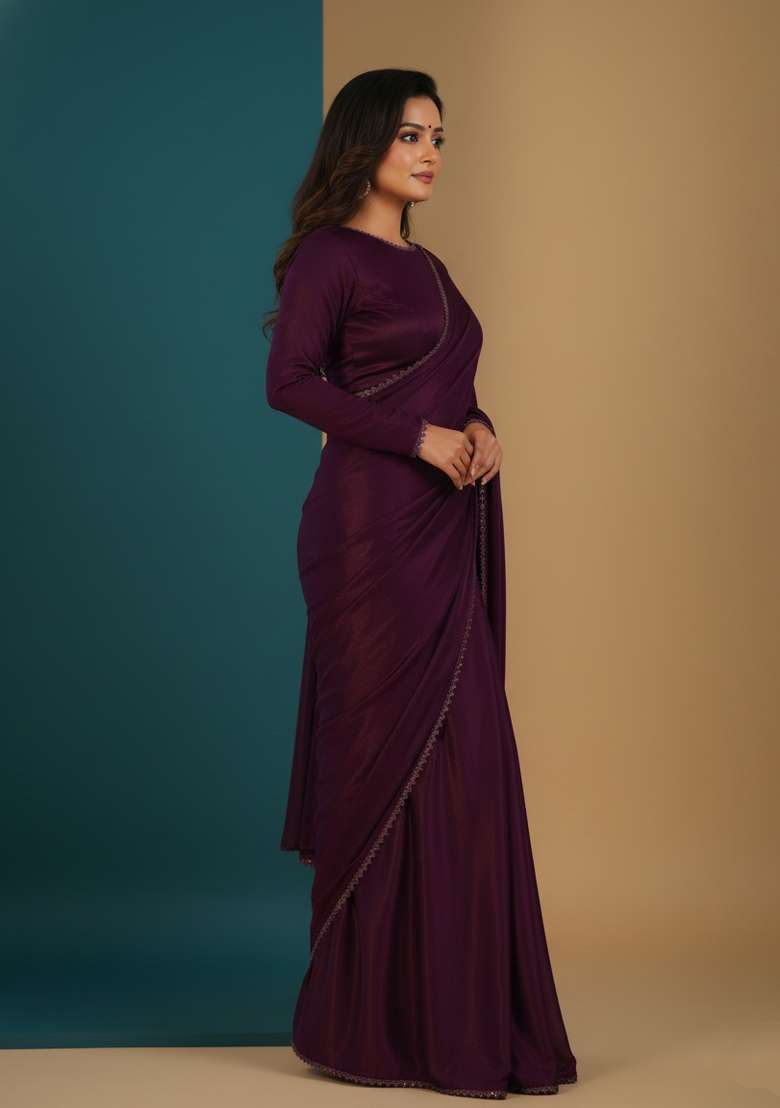 Purple Motif Velvet Saree Set - Indya
