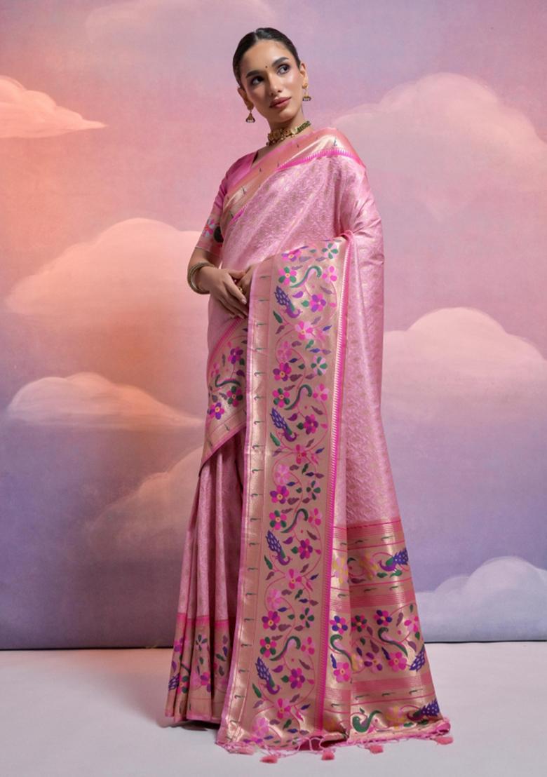 Pink Light Weaving Work Silk Saree Set - Indya