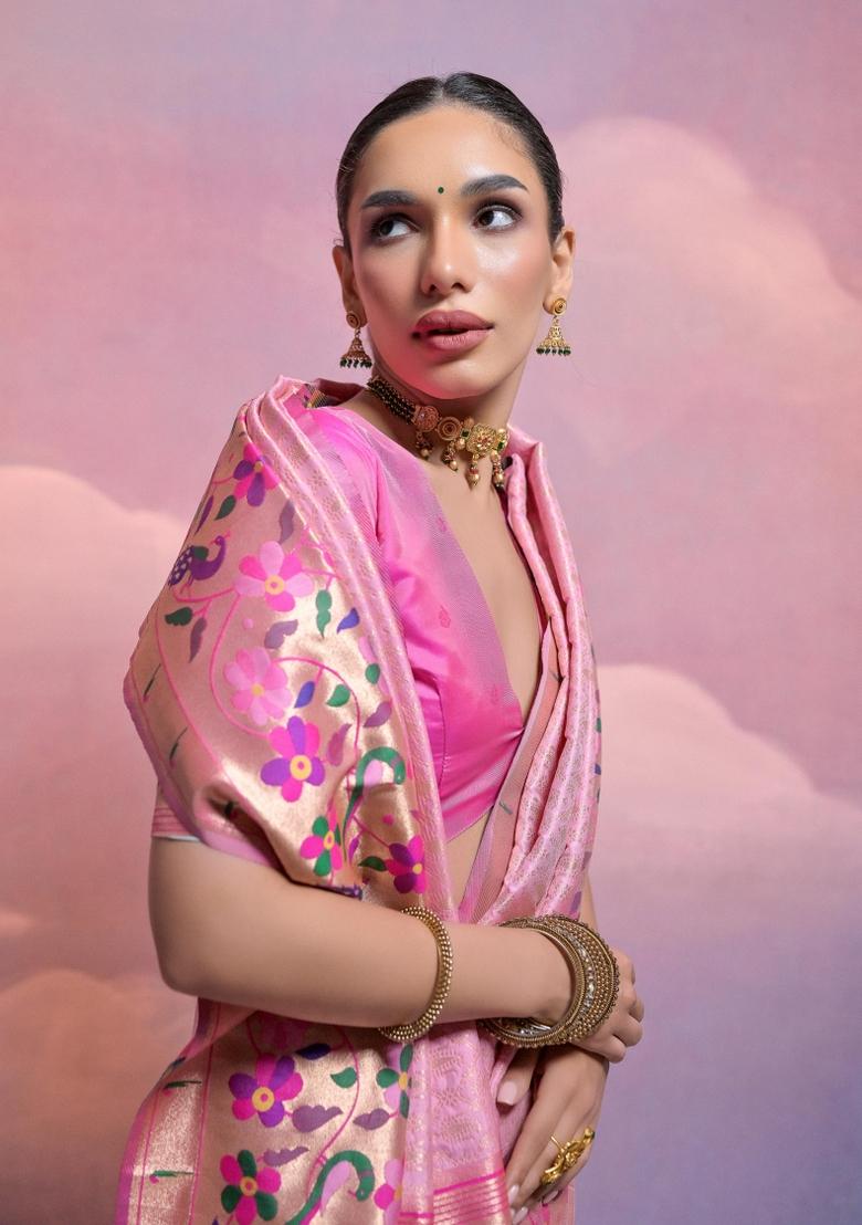 Pink Light Weaving Work Silk Saree Set - Indya