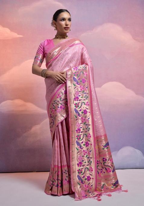 Pink Light Weaving Work Silk Saree Set