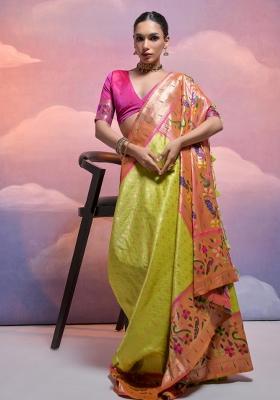 Mehendi Pink Weaving Work Silk Saree Set