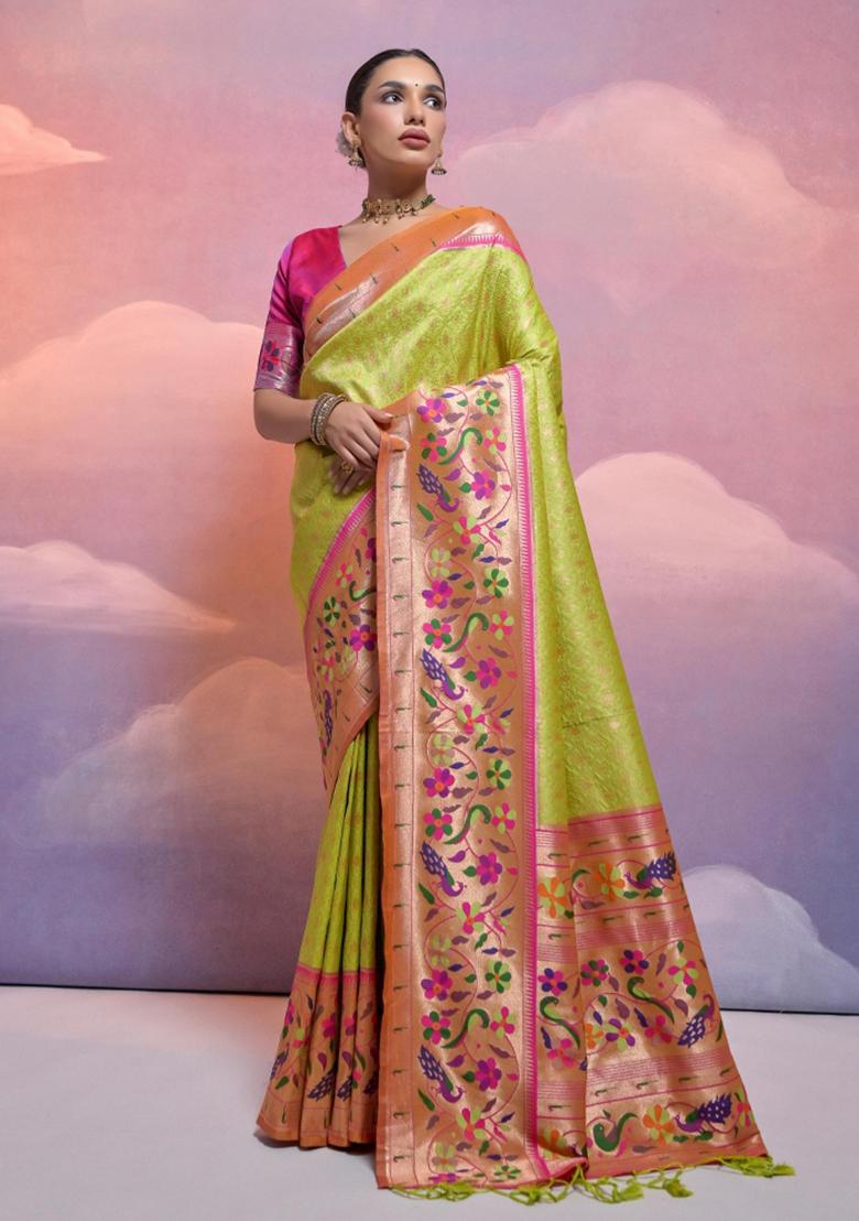 Mehendi Pink Weaving Work Silk Saree Set - Indya