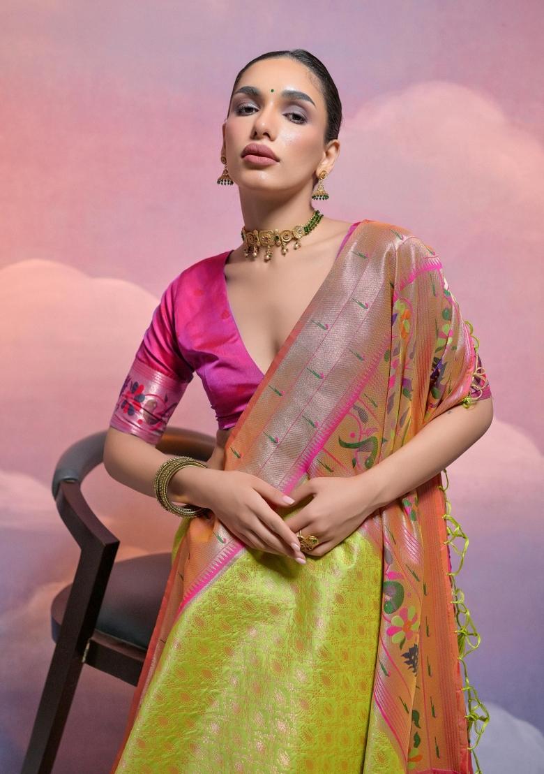 Mehendi Pink Weaving Work Silk Saree Set - Indya