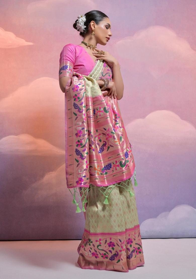 Light Pista Pink Weaving Work Silk Saree Set - Indya