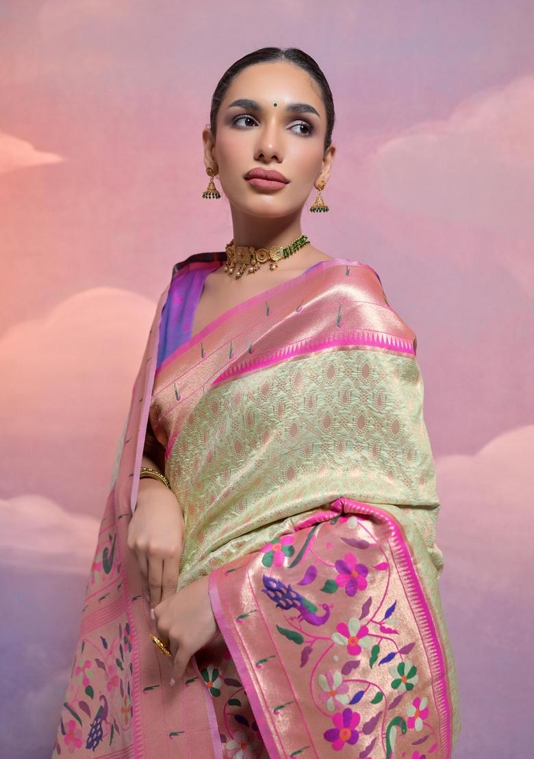 Light Pista Pink Weaving Work Silk Saree Set - Indya