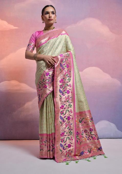 Light Pista Pink Weaving Work Silk Saree Set