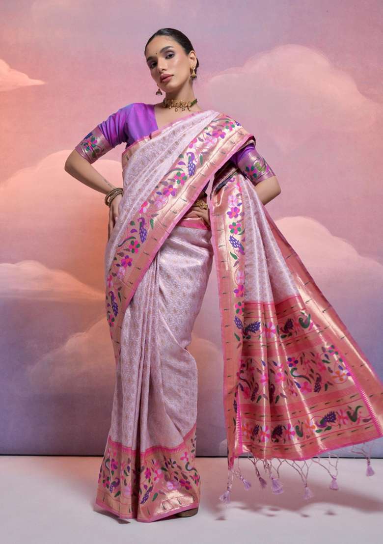 Light Lavender Purple Weaving Work Silk Saree Set - Indya