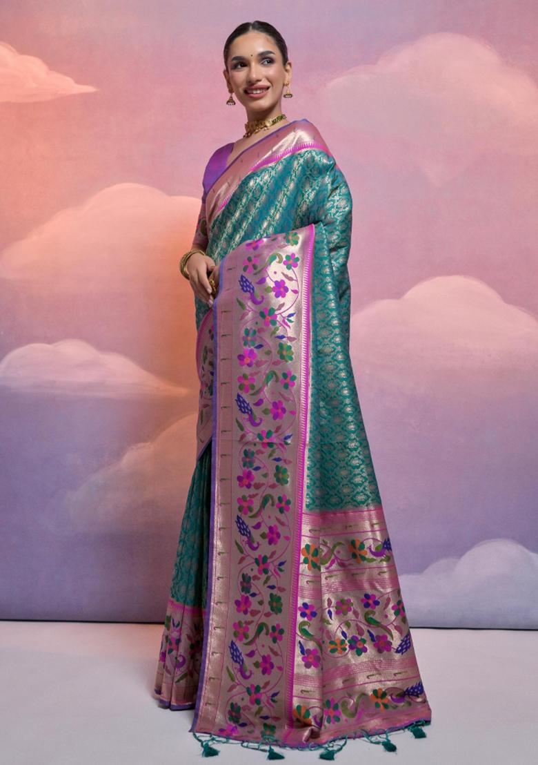 Rama Purple Weaving Work Silk Saree Set - Indya