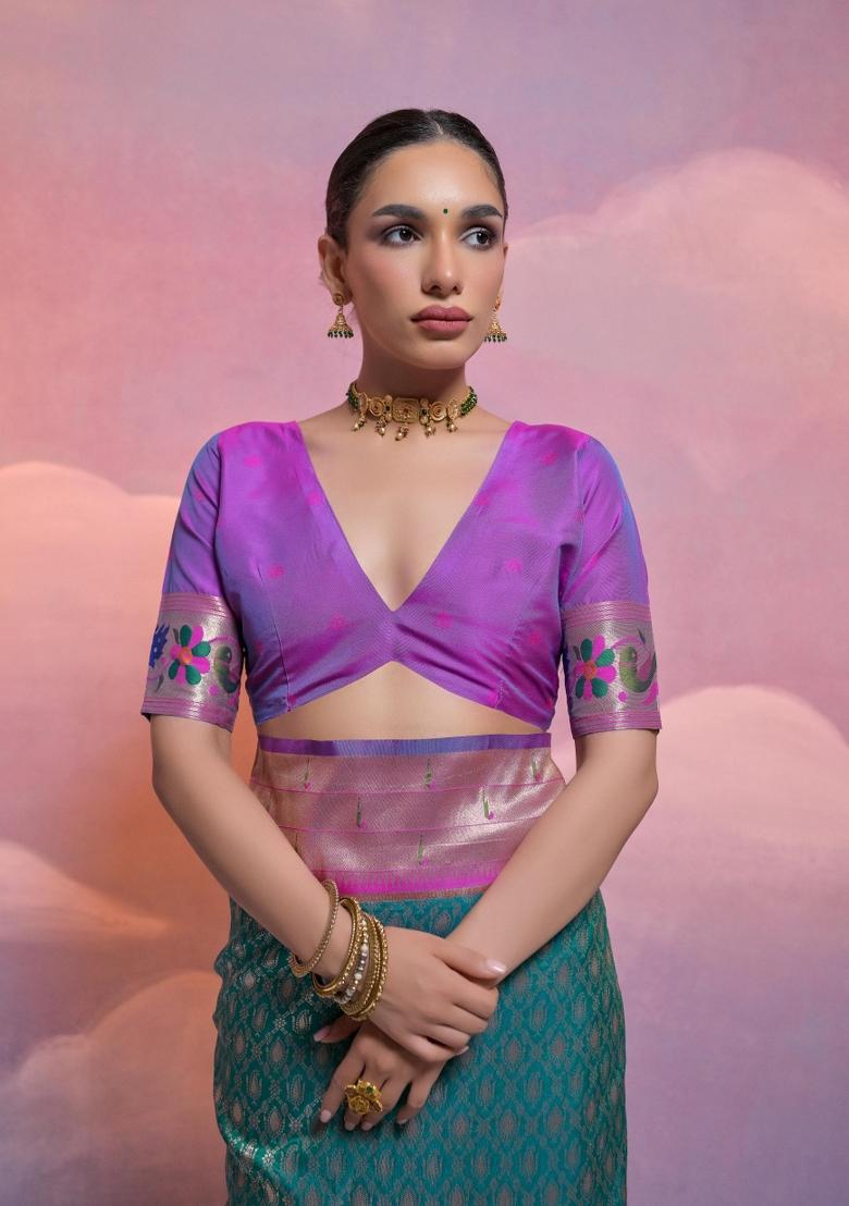 Rama Purple Weaving Work Silk Saree Set - Indya