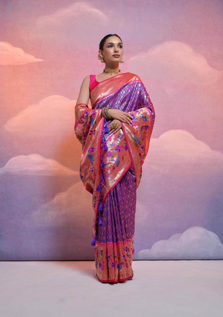 Purple And Pink Weaving Work Silk Saree Set - Indya