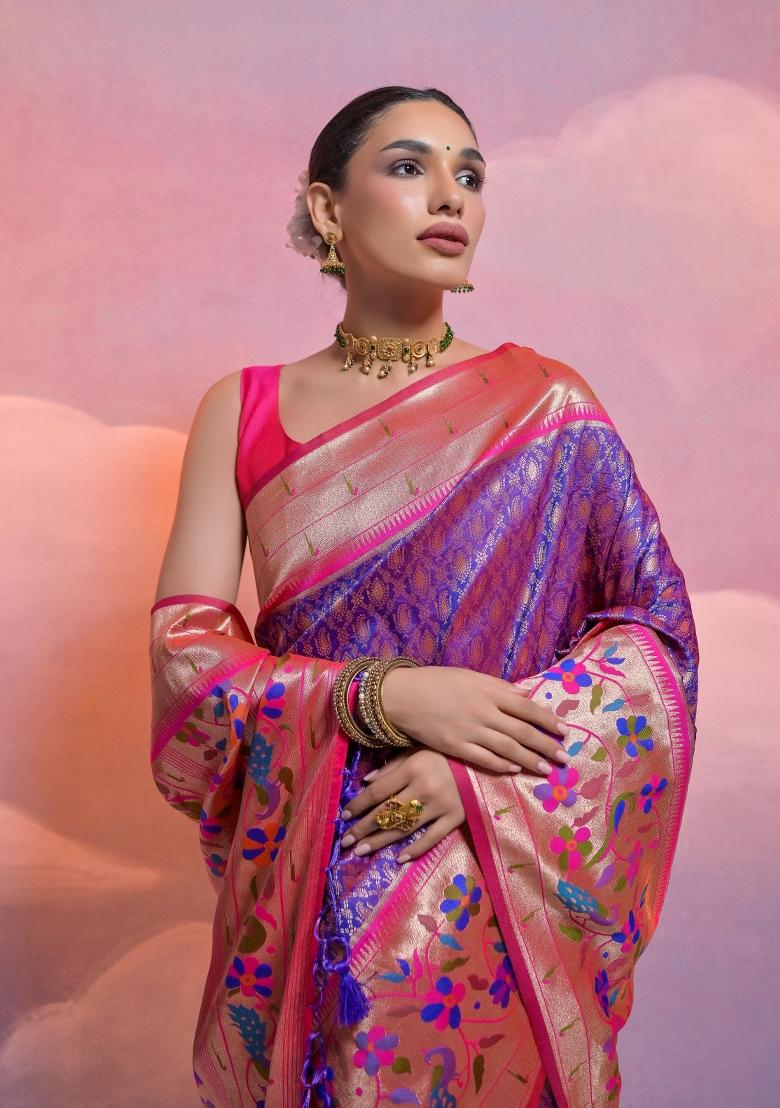 Purple And Pink Weaving Work Silk Saree Set - Indya