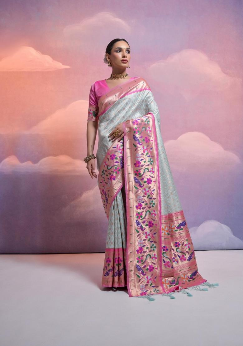 Sea Green Light Pink Weaving Work Silk Saree Set - Indya