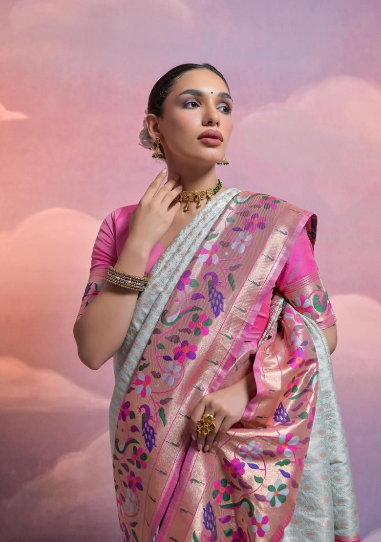 Sea Green Light Pink Weaving Work Silk Saree Set - Indya