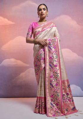 Off-White And Pink Weaving Work Silk Saree Set