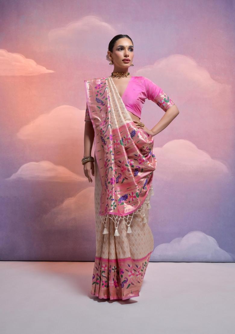 Off-White And Pink Weaving Work Silk Saree Set - Indya